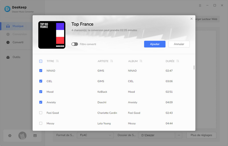 Sélectionner les chansons Deezer