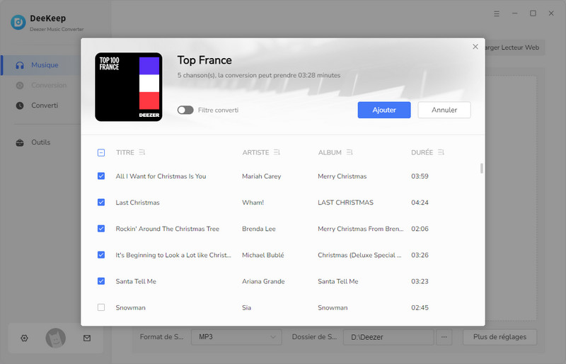 Cochez les chansons que vous souhaitez télécharger