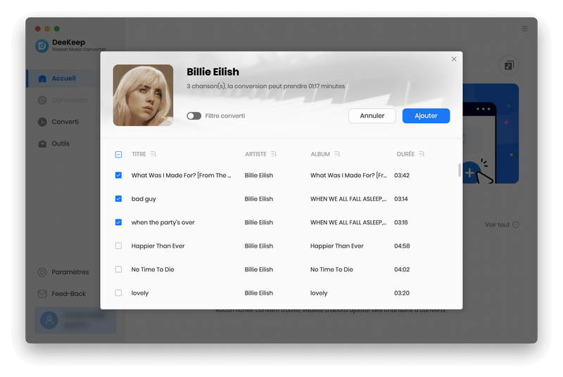 Sélectionnez les morceaux Deezer à télécharger