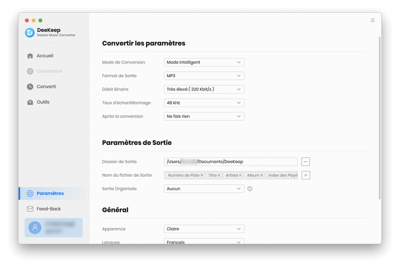 Configurez le format de sortie