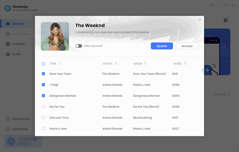 Choisissez les chansons Deezer que vous voulez