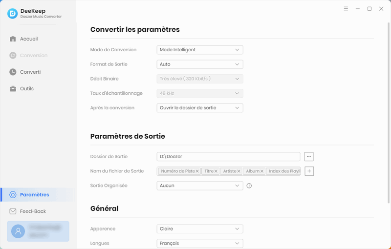 Complétez les paramètres de sortie