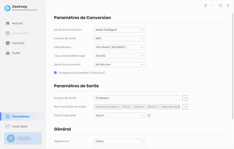 Complétez les paramètres de sortie